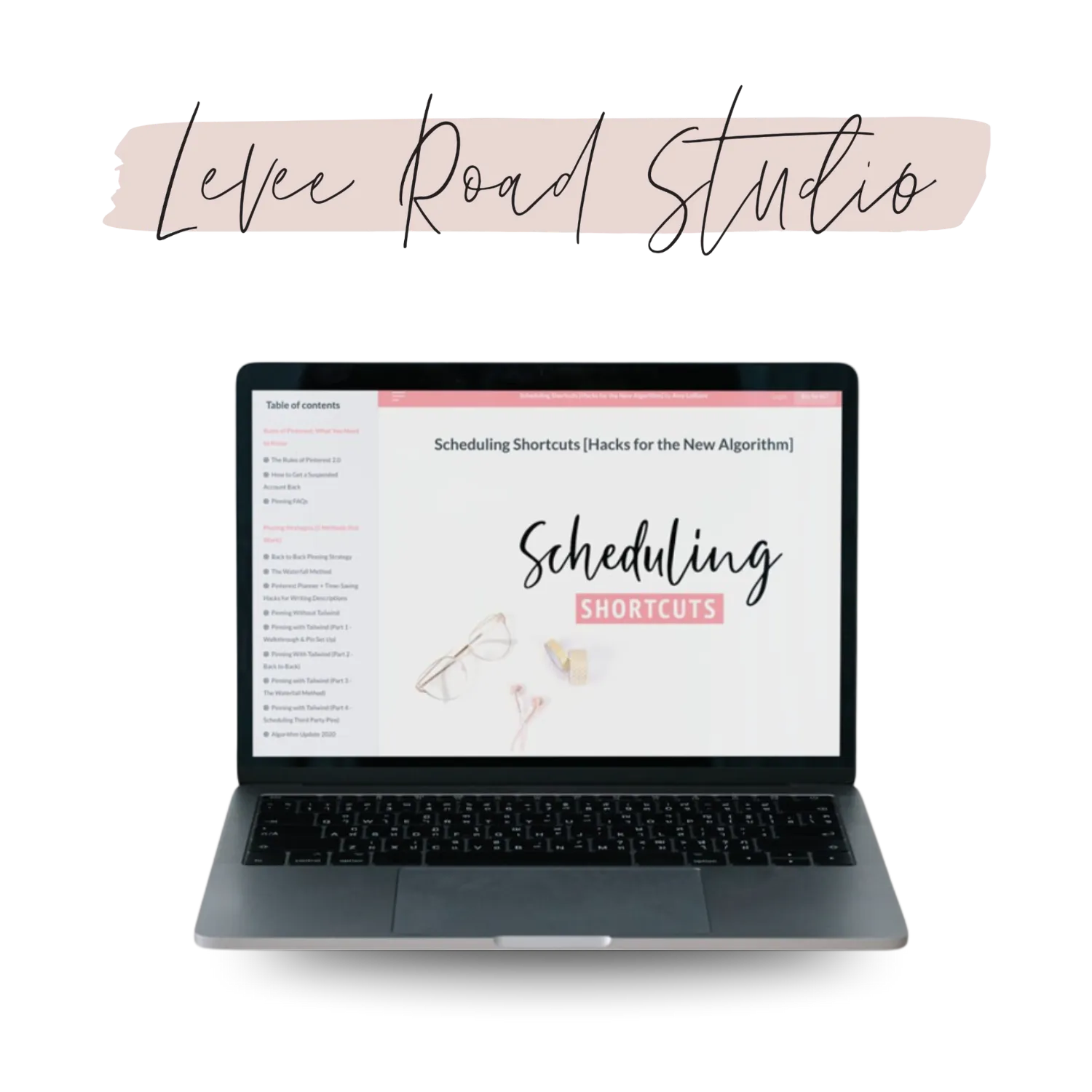 laptop graphic showing 30% off Sheduling shortcuts by Levee Street Studio