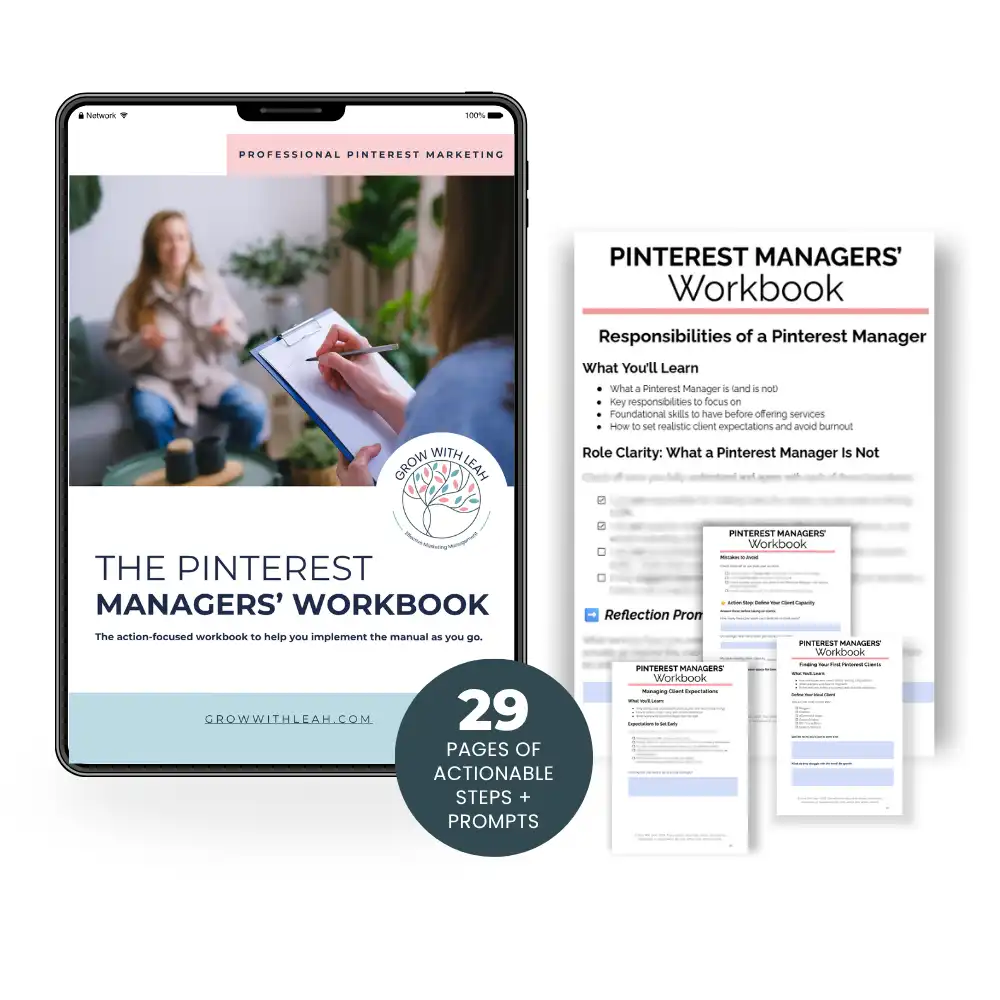 Grapics of Ipad displaying the workbook included in the Pinterest Manager's Manual by Grow With Leah to help people interactively work through the manual