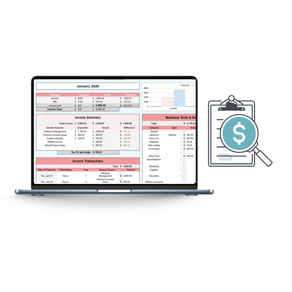 Graphic of laptop displaying the business master sheet included in the Pinterest manager's manual by grow with leah.