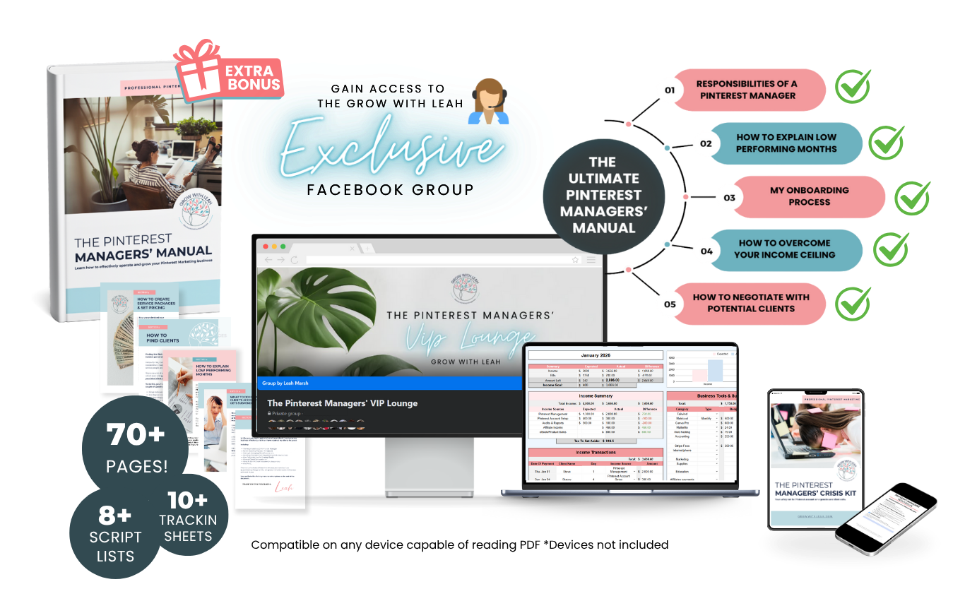 graphics of all devices compatible with the pinterest manager's manual by grow with leah. macbook showing the product interactive sheets and the ebook itself including the VIP facebook group screenshot.