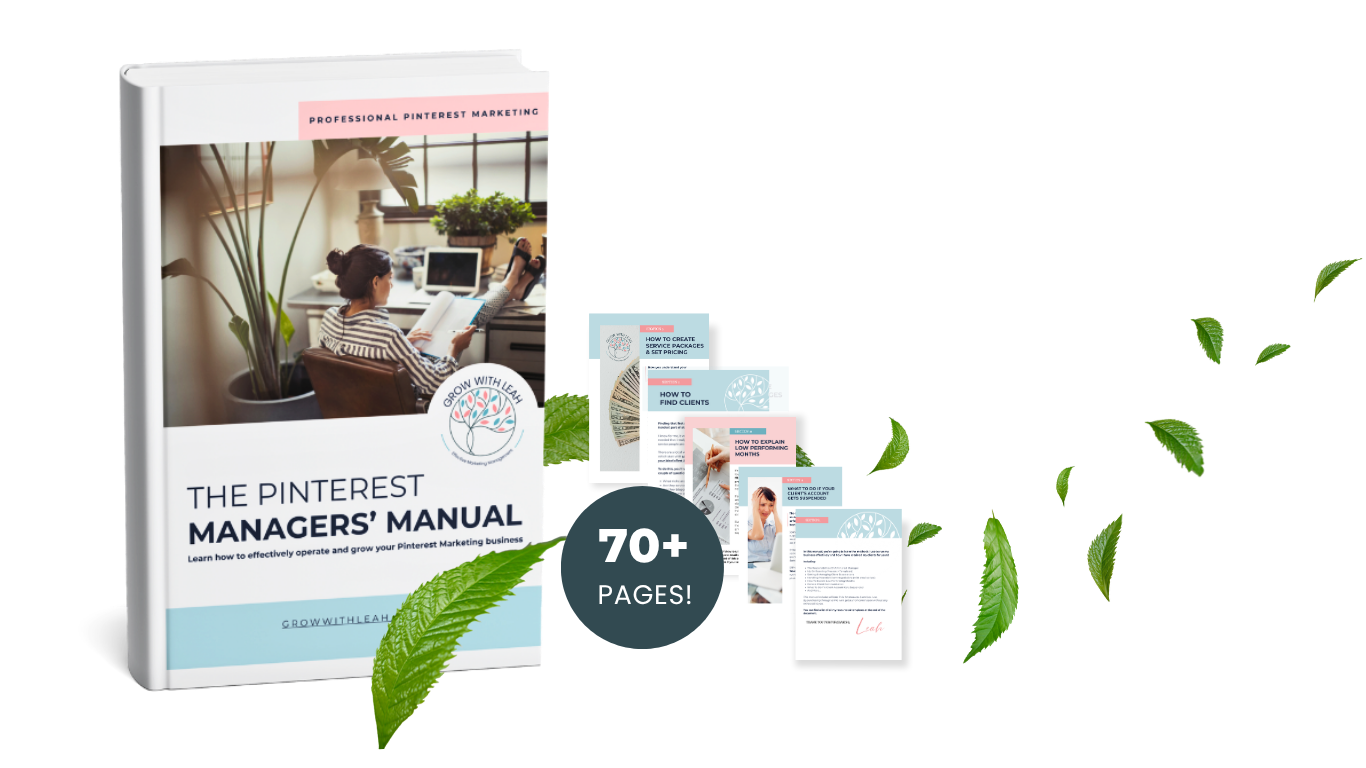 Ebook graphic showing the pinterest manager's manual by grow with leah
